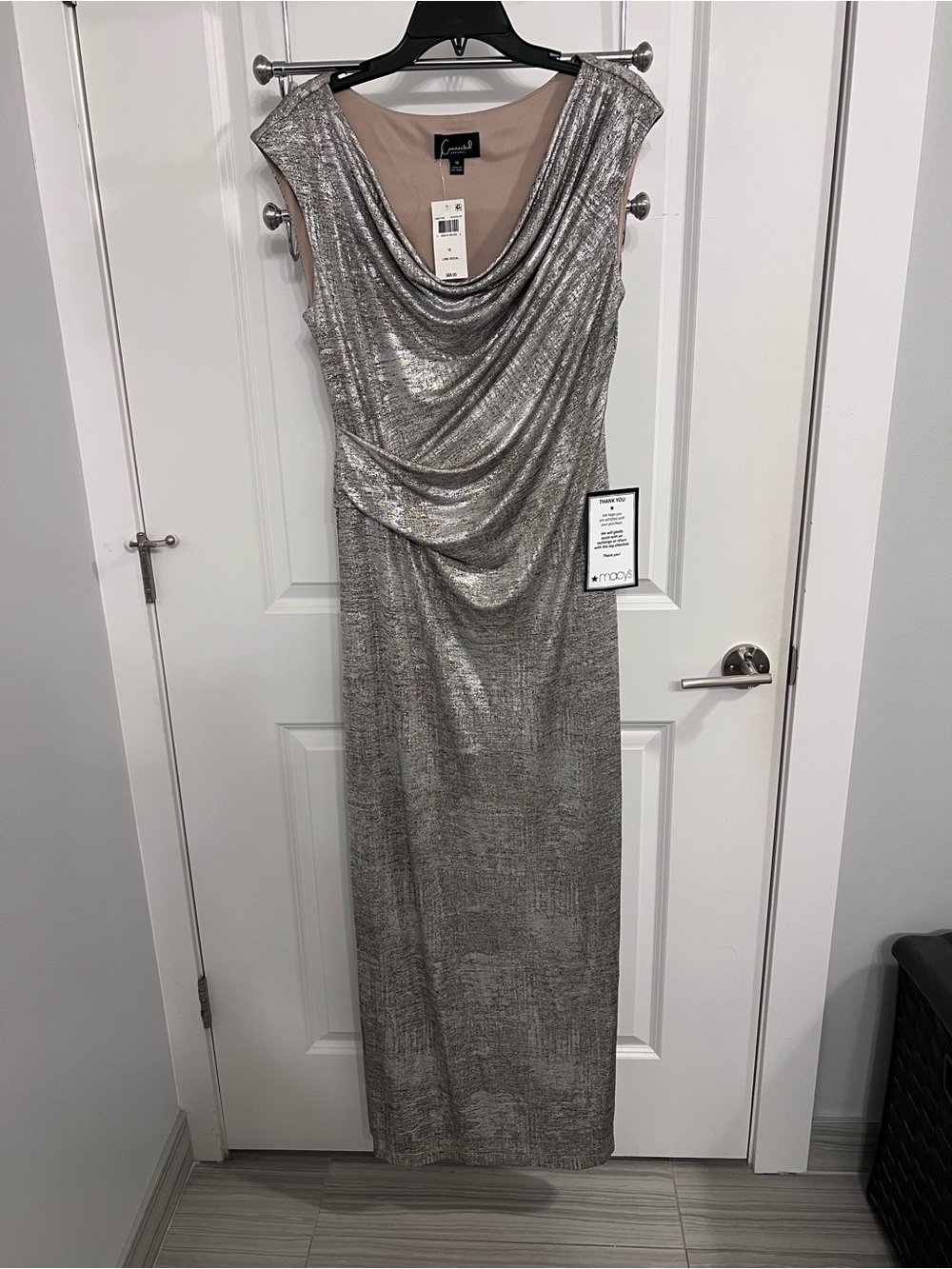 NWT Connected Apparel Silver Metallic Long Draped Dress. Fully lined. Size 10.